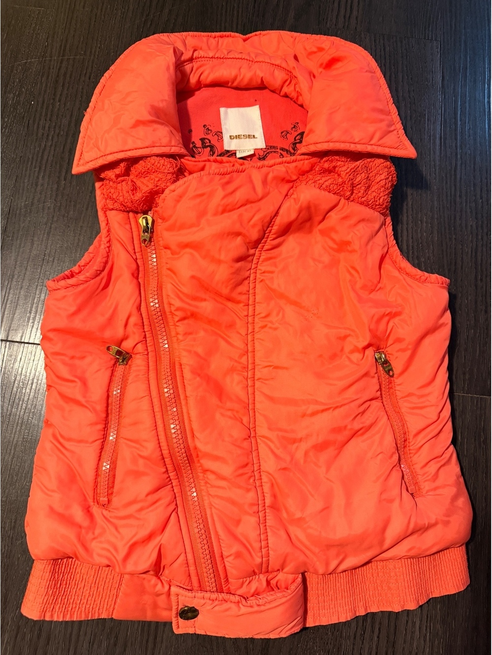 Vtg Y2K Diesel Coral Pink Asymmetrical Puffer Vest XS